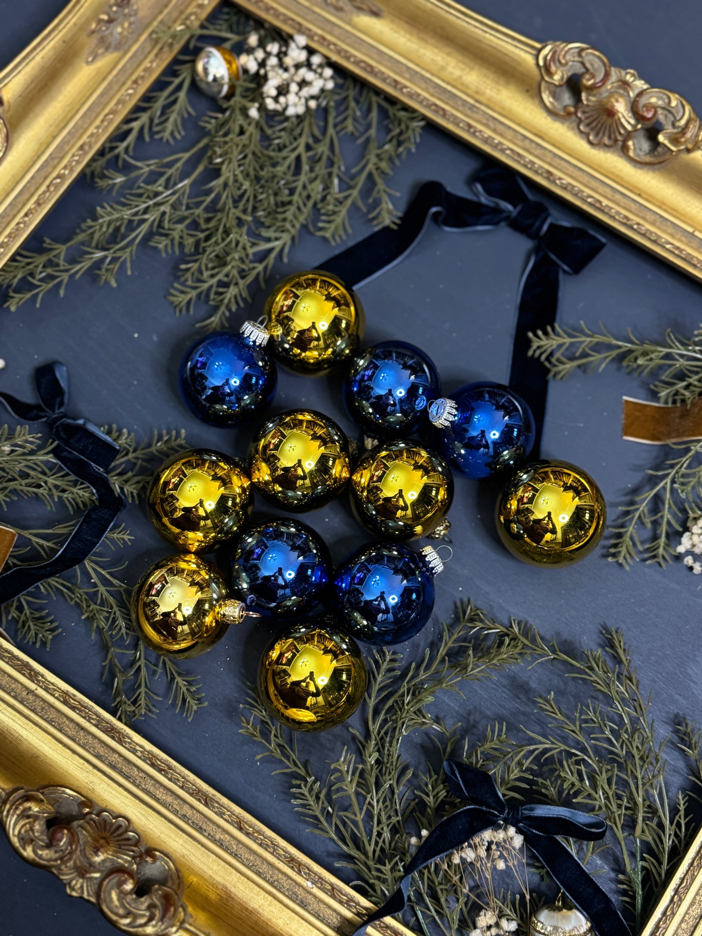 Vintage German Glass Christmas Bauble Set of 12 -Gold & Blue