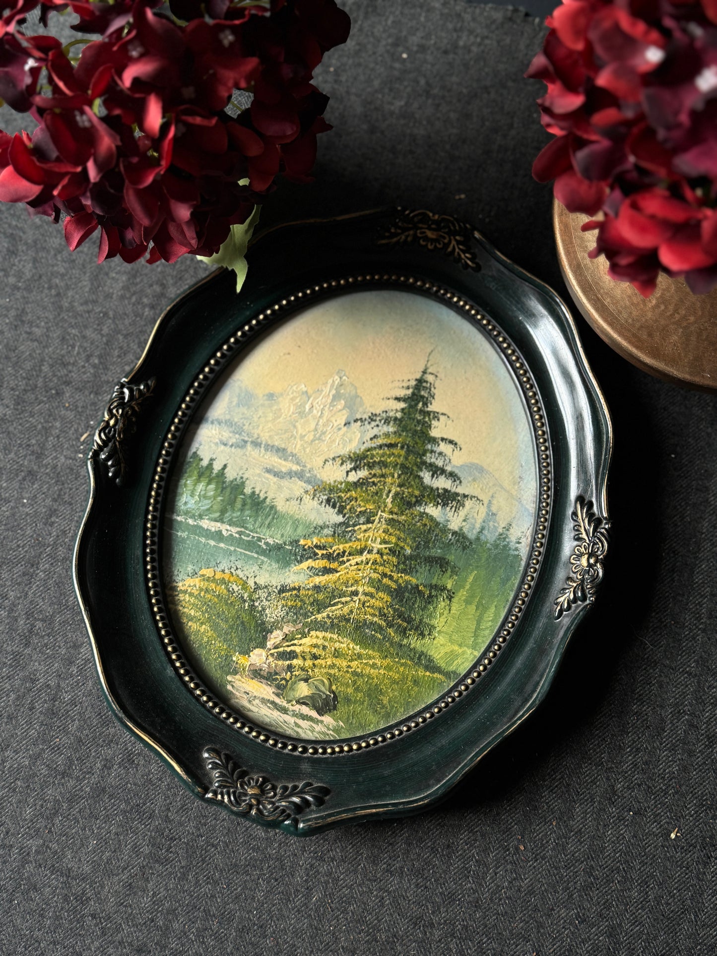 Vintage Oil Painting in Green Oval Resin Frame