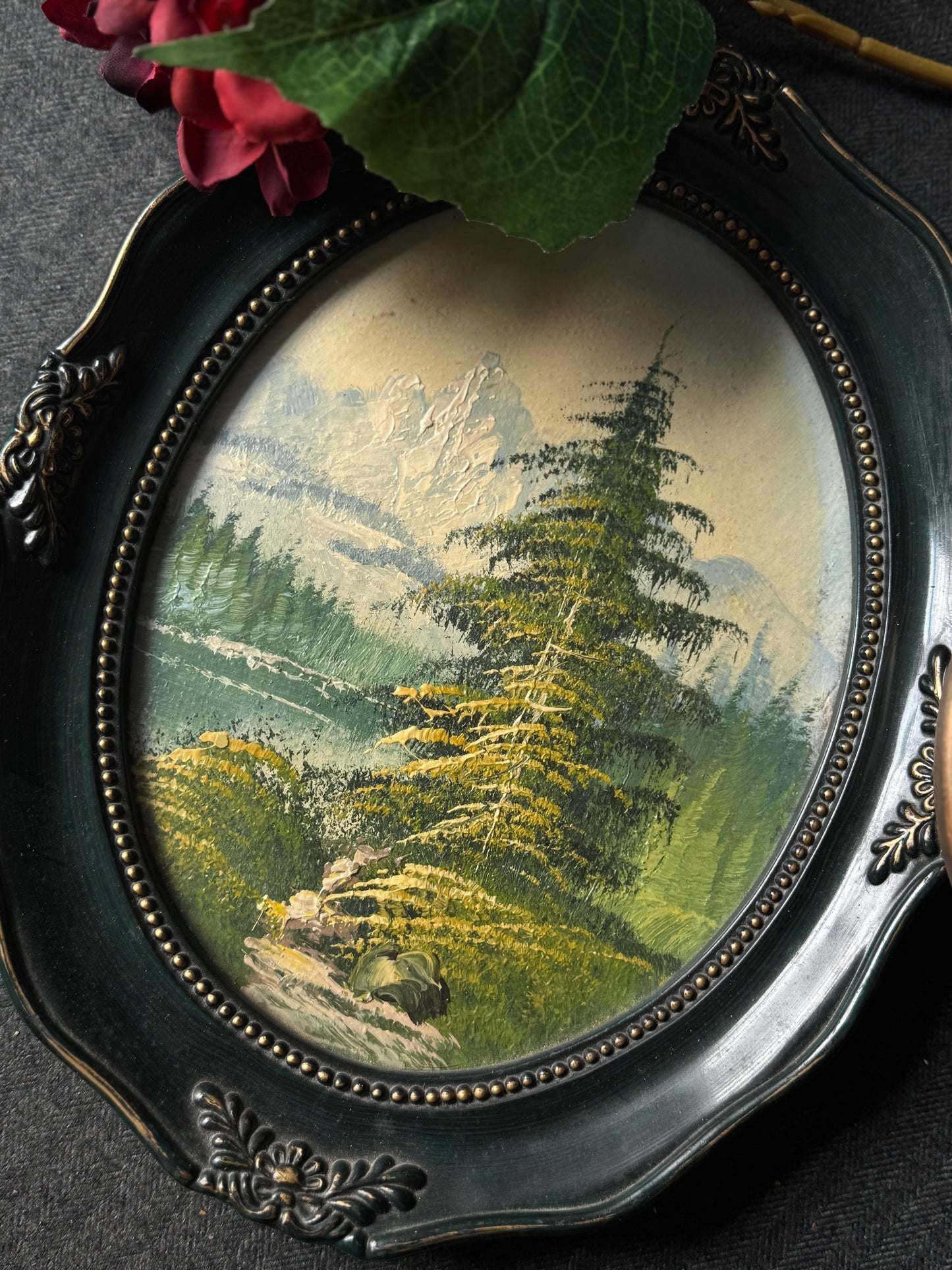 Vintage Oil Painting in Green Oval Resin Frame