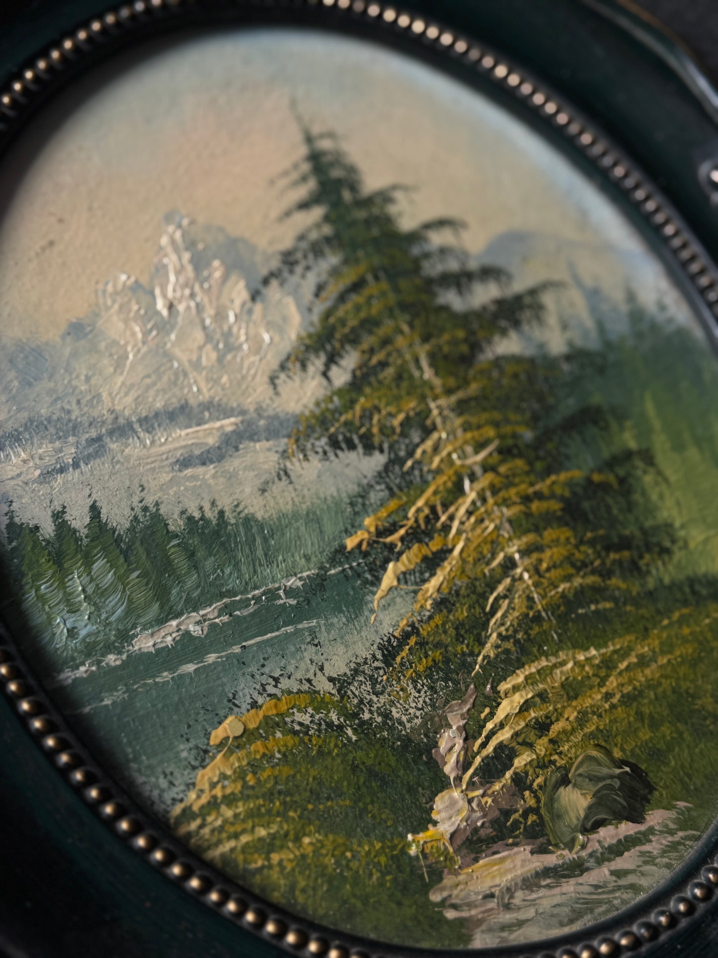 Vintage Oil Painting in Green Oval Resin Frame