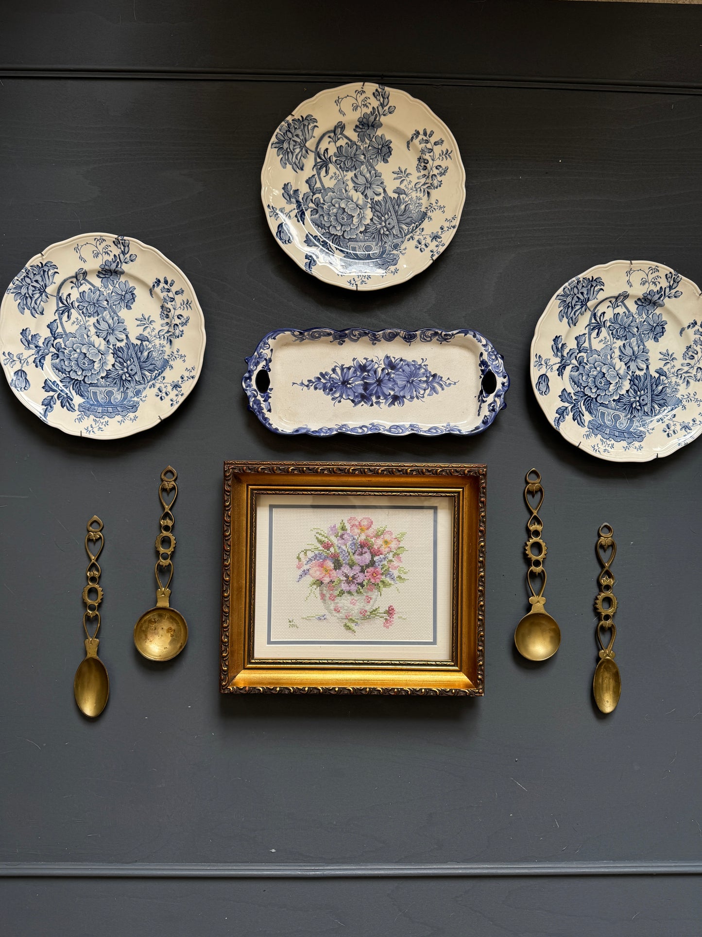 Vintage Kitchen Gallery Wall Set Gold + Blue White Theme -Brass Set, Embroidery in Gilt Frame + Plates ( x 9 )