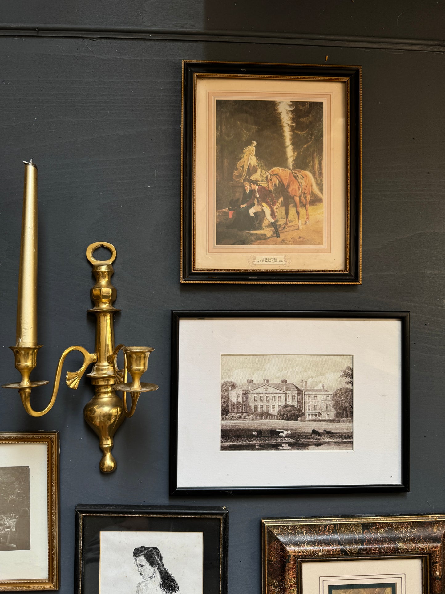 Vintage Gallery Wall Set Gold + Black Theme -Brass Candle Scone+ Glaze Gold Gilt Frame ( x 7 )
