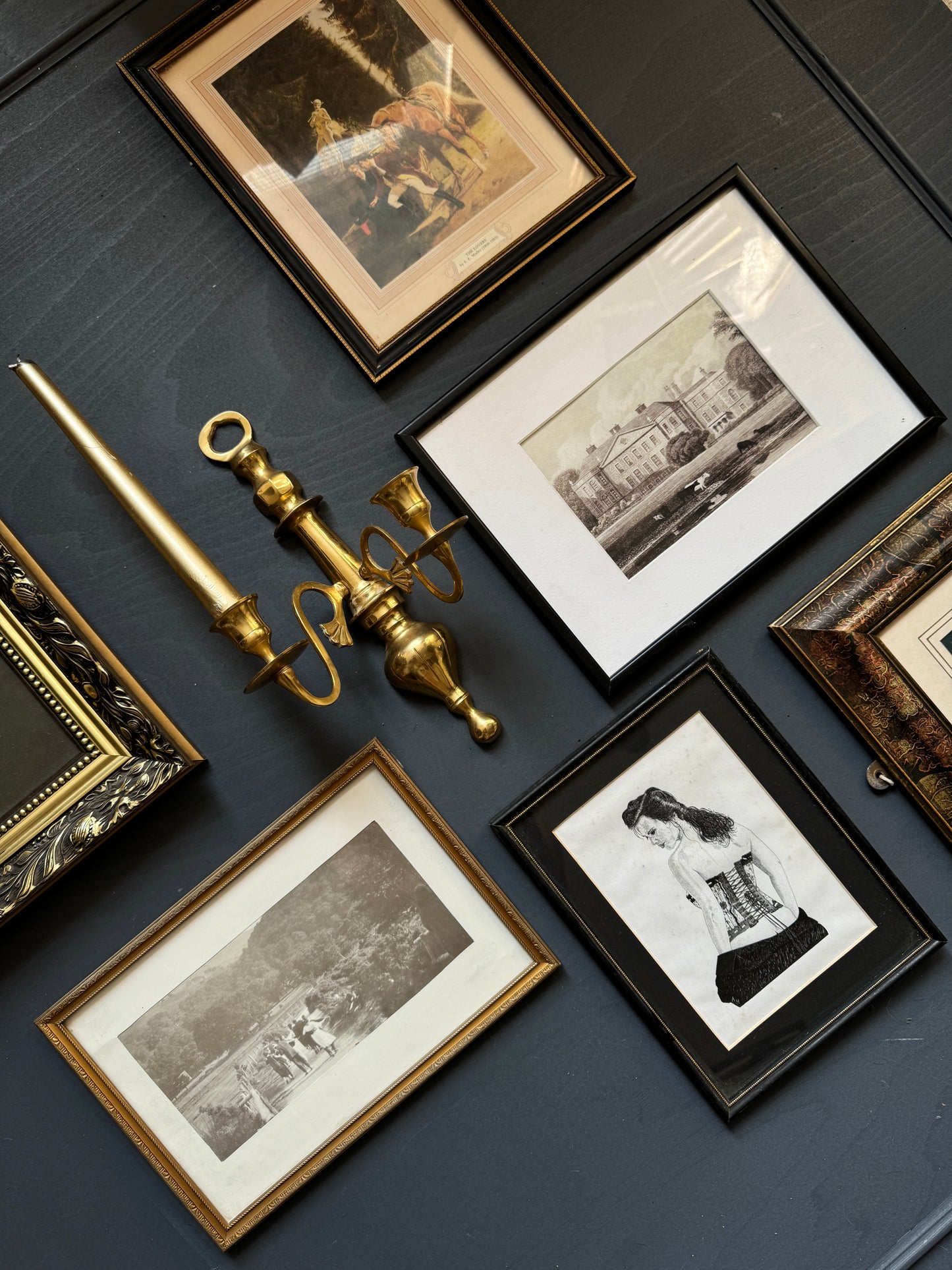 Vintage Gallery Wall Set Gold + Black Theme -Brass Candle Scone+ Glaze Gold Gilt Frame ( x 7 )