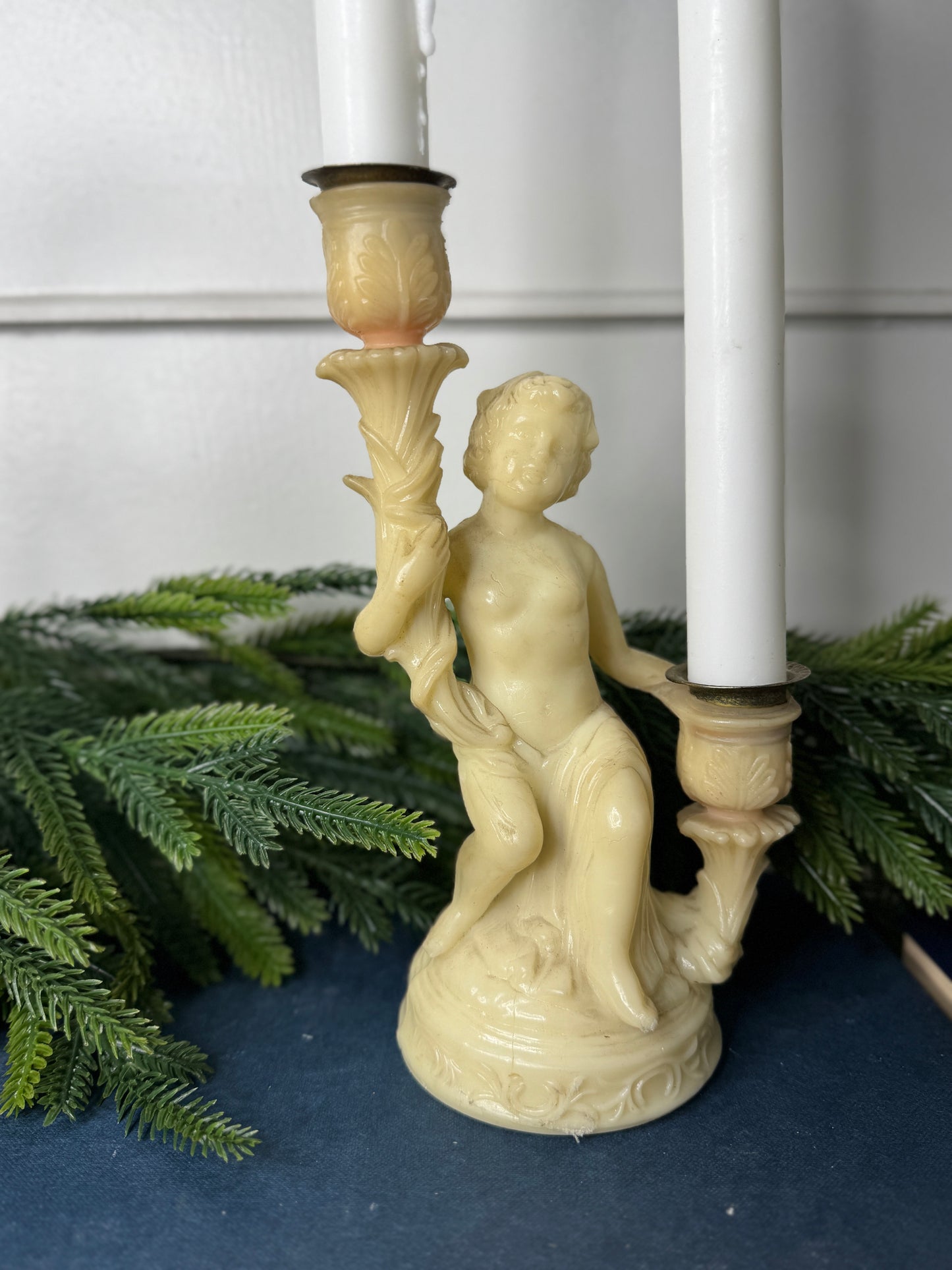 Vintage Resin Cherub Pedestal Candle Holder – Two Arm Taper Holder