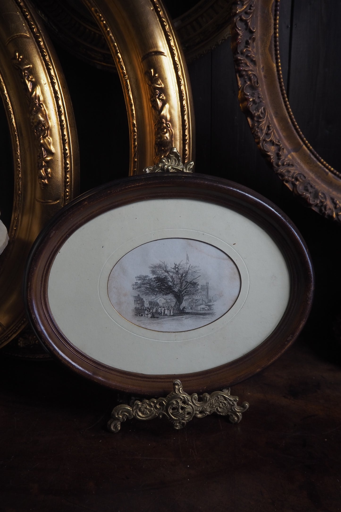 Victorian Drawing in Brown Resin Oval Frame