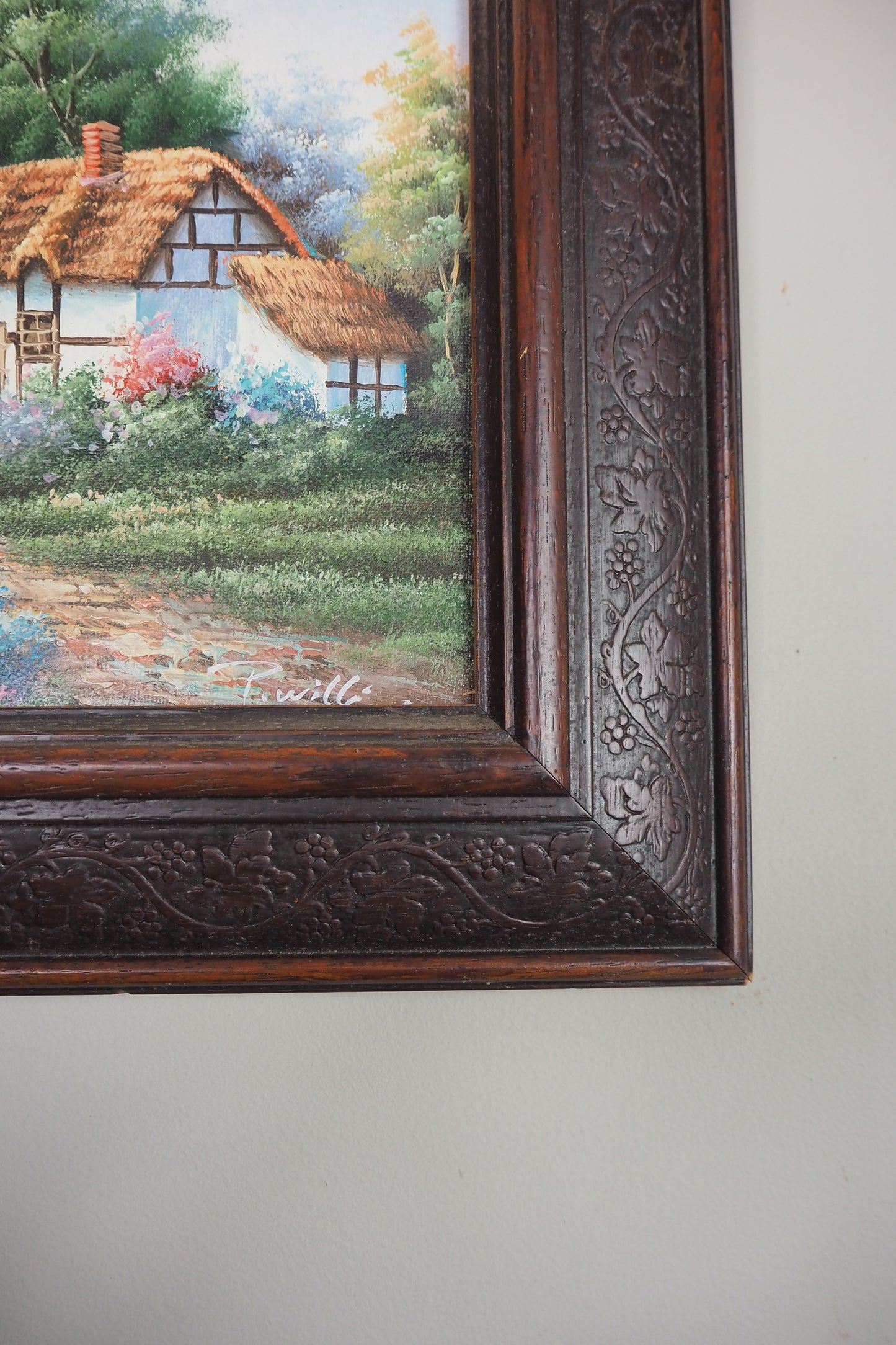 Vintage English Country Cottage Oil Painting – Rustic Framed Landscape