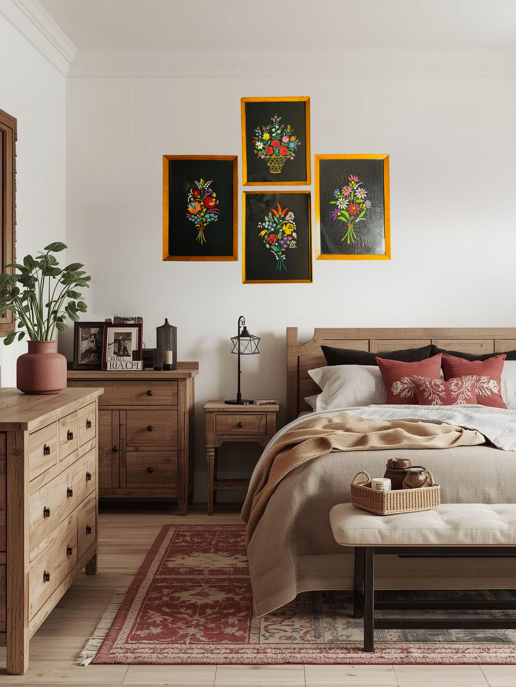 Rare 1950s Hungarian Kalocsa Matyó Embroidery – Vintage Heirloom Wall Hanging Set