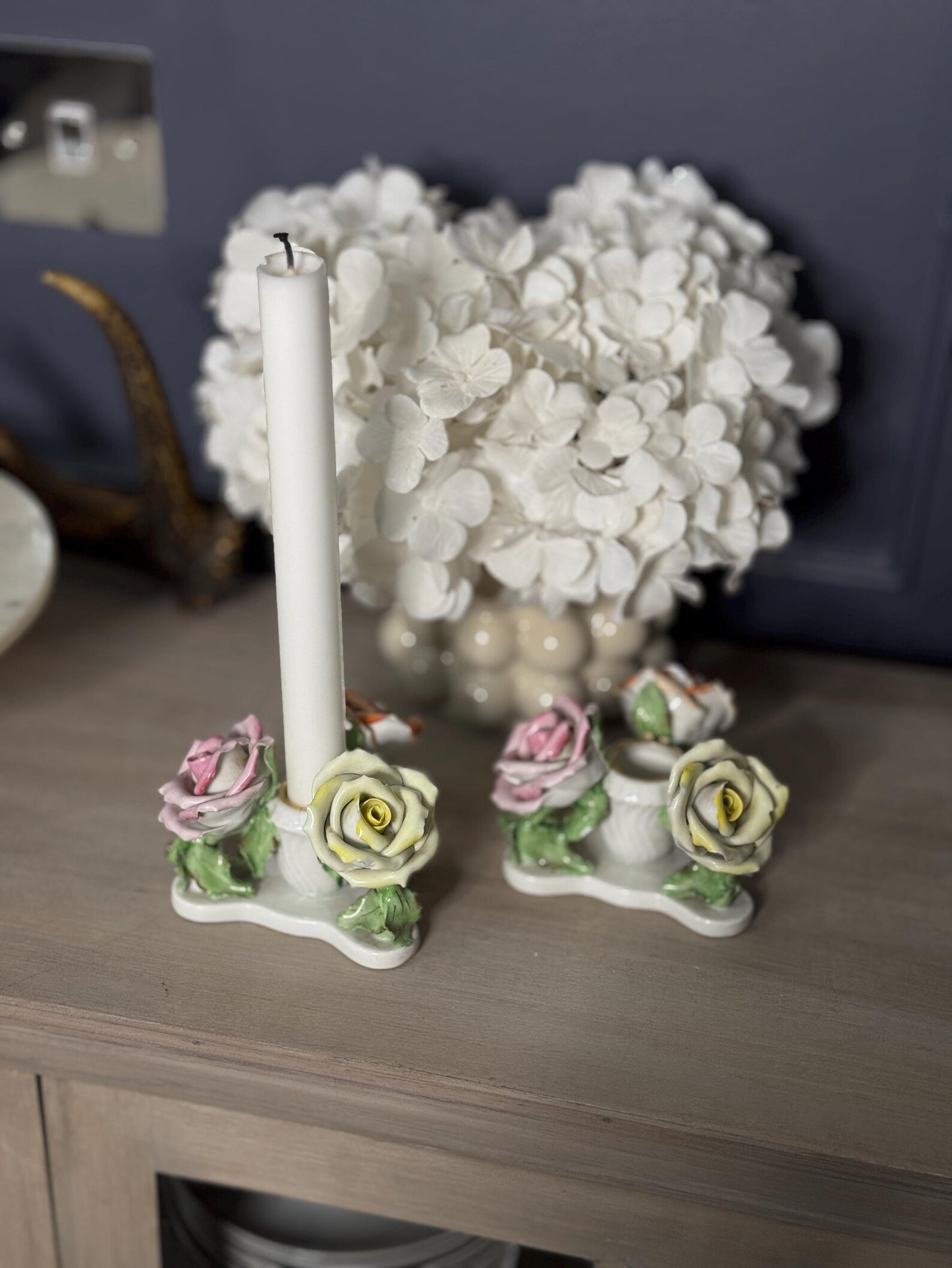 Vintage Rare Antique Herend Hungarian Hand-Painted Three Roses Candle Holder Pair