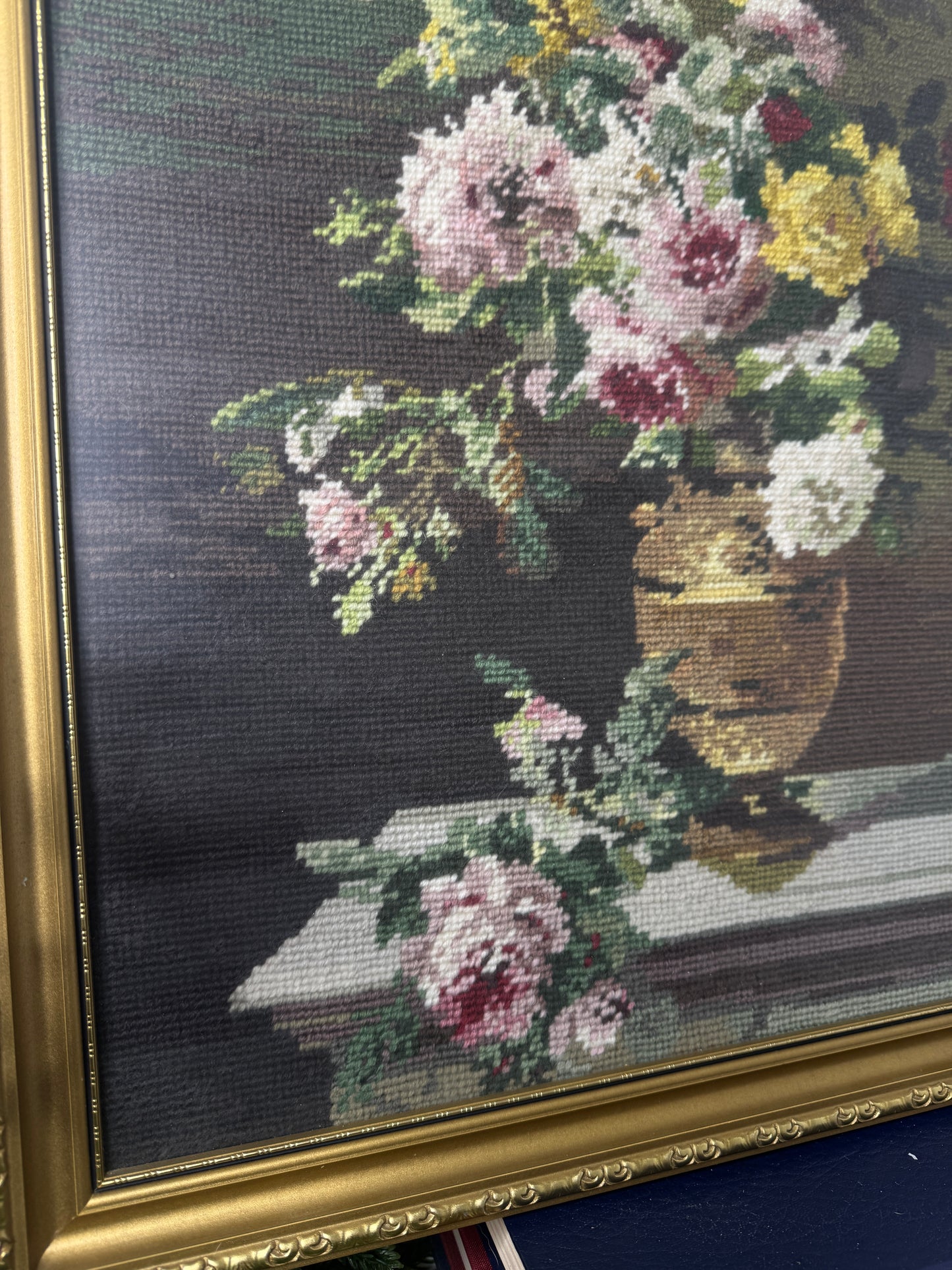 Golden Blooms – Hand-Stitched Gobelin Embroidery Art