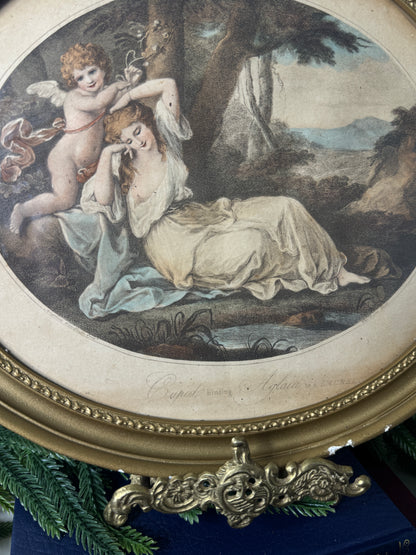 Vintage Stipple Engraving 'Cupid': Oval Giltwood Frame Wall Art