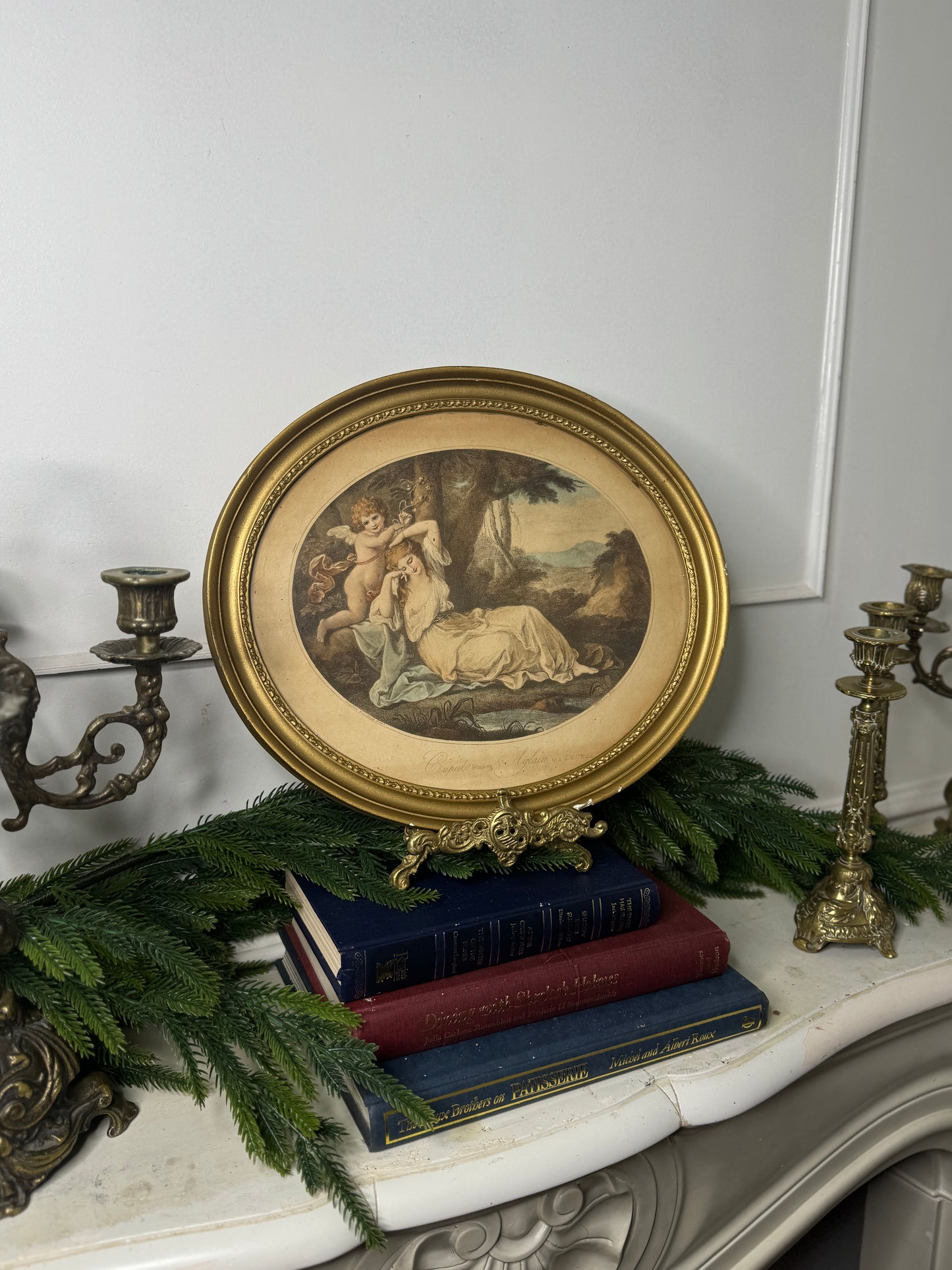 Vintage Stipple Engraving 'Cupid': Oval Giltwood Frame Wall Art