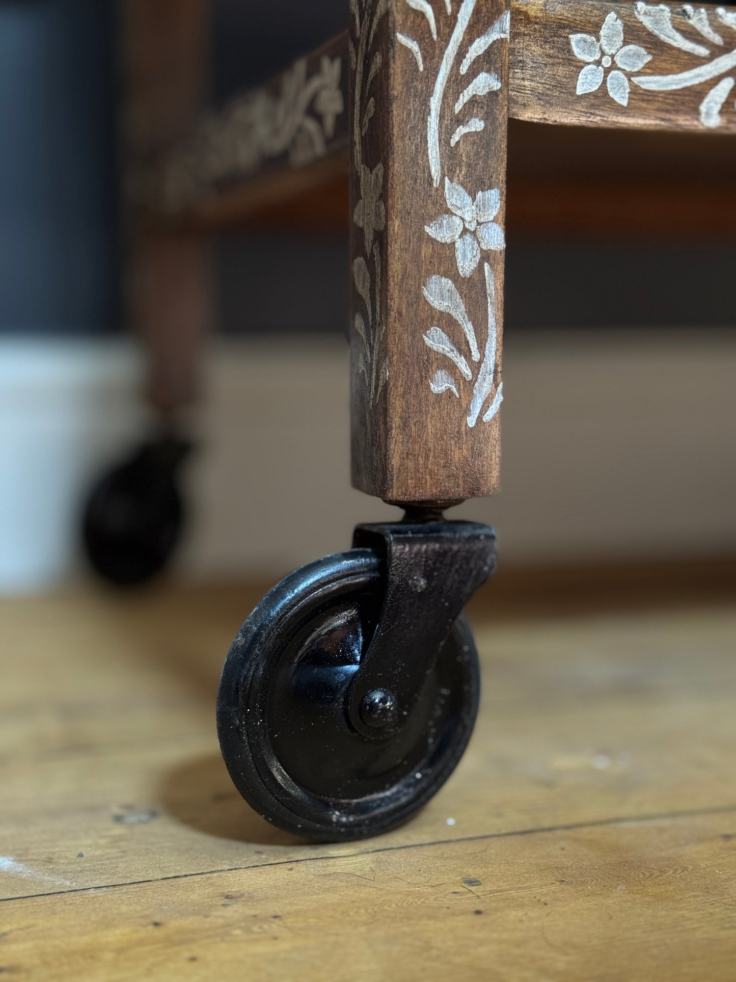 Upcycled Mid-Century Drinks Trolley | Hand-Painted Folk Art Bar Cart | Vintage Tea Cart with Wheels
