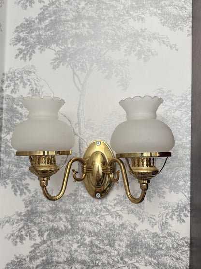 Vintage Satin Brass Chandelier with Matching Wall Lights – 5 Light Brass Ceiling Fixture & Pair of Brass Wall Sconces with Glass Shades