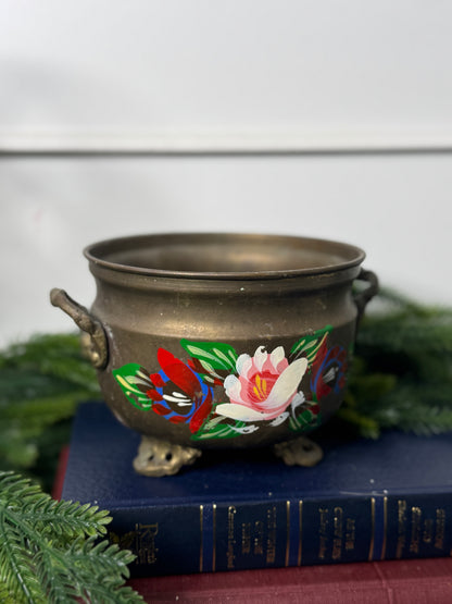Hand-Painted Brass Pot | Vintage Folk Floral Pattern Planter