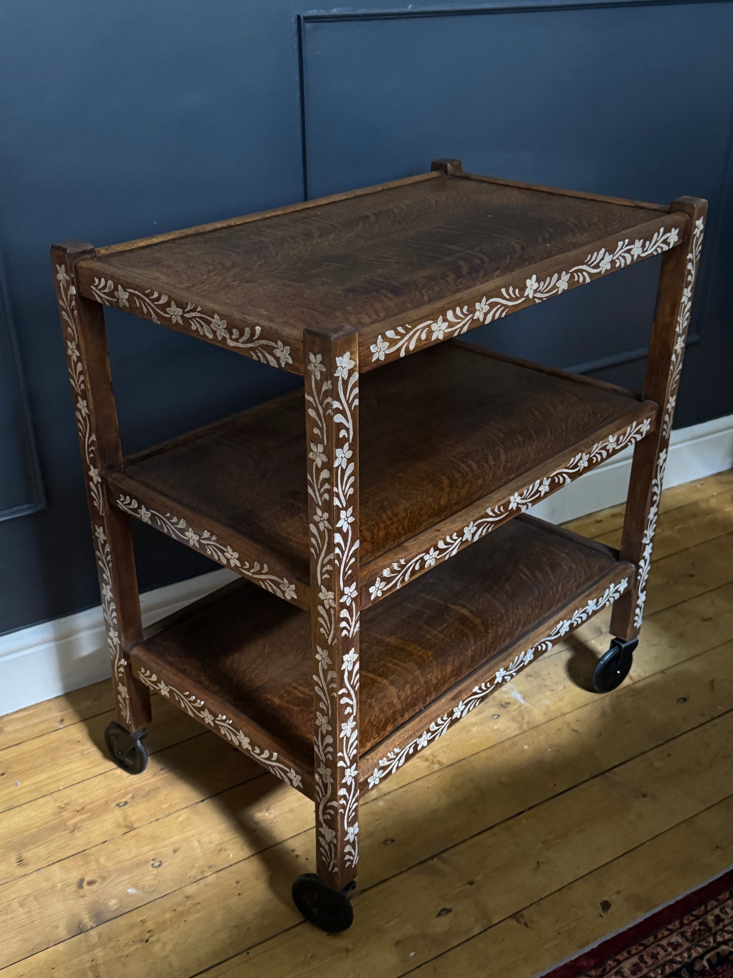 Upcycled Mid-Century Drinks Trolley | Hand-Painted Folk Art Bar Cart | Vintage Tea Cart with Wheels