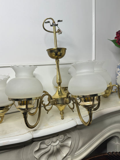Vintage Satin Brass Chandelier with Matching Wall Lights – 5 Light Brass Ceiling Fixture & Pair of Brass Wall Sconces with Glass Shades