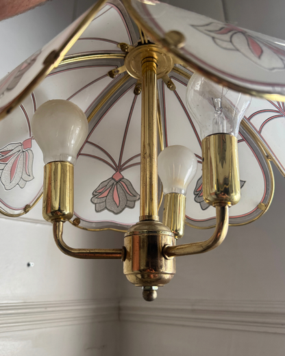 Vintage 1980s Retro  Art Nouveau 3 Light Tulip Floral Brass & Frosted Glass Pendant Light