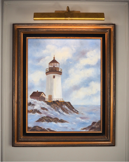 Vintage Lighthouse Oil Painting Signed Mary C, Framed Coastal Seascape Art
