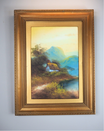 Landscape Oil Painting – Solitary House in Mountain Field