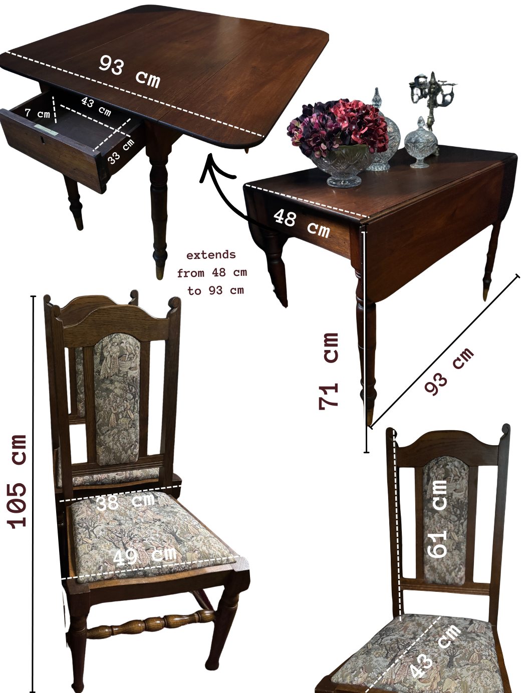 Antique Victorian Oak Drop-Leaf Pembroke Dining Table & Vintage Tapestry Chairs (Optional Set)