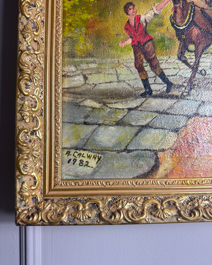 Original Vintage Oil Painting – English Coaching Inn Courtyard Scene by A. Calway '82