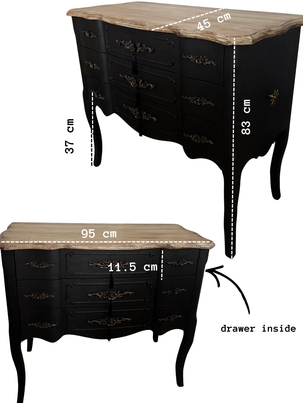 Upcycled French-Style Curved Chest of Drawers | Black Noir Vintage Dresser