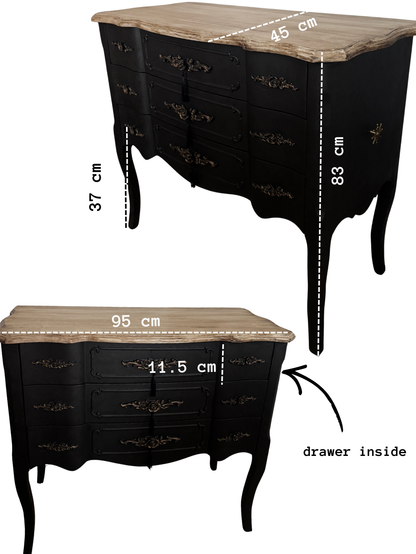Upcycled French-Style Curved Chest of Drawers | Black Noir Vintage Dresser