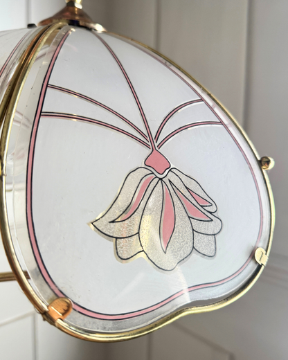 Vintage 1980s Retro  Art Nouveau 3 Light Tulip Floral Brass & Frosted Glass Pendant Light