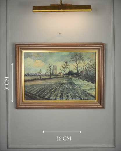 Vintage Pastoral Landscape Oil Painting – Framed Rural Village Scene