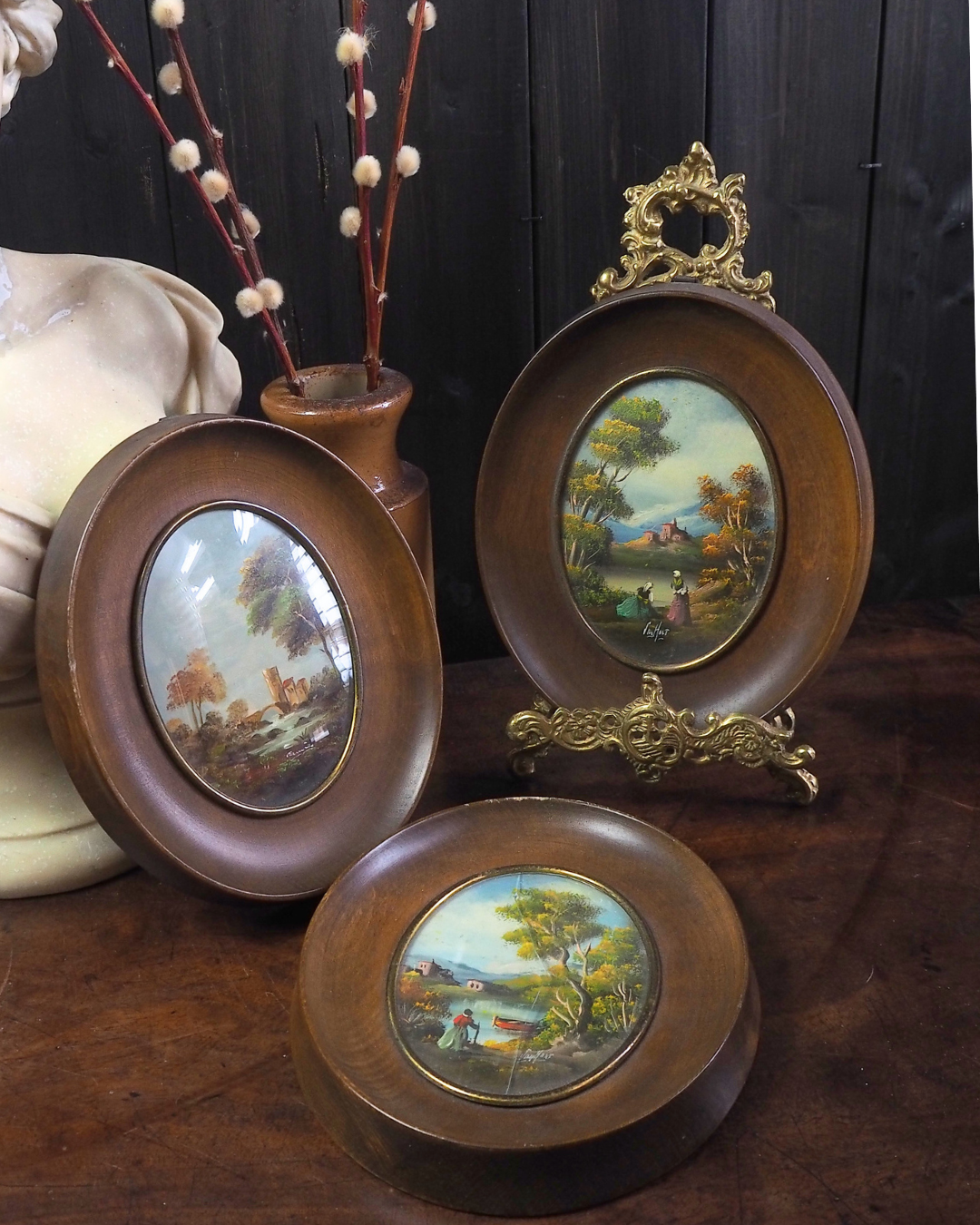 Vintage Van Holt Miniature Oil Paintings – Italian 1950-1960s Domed Glass