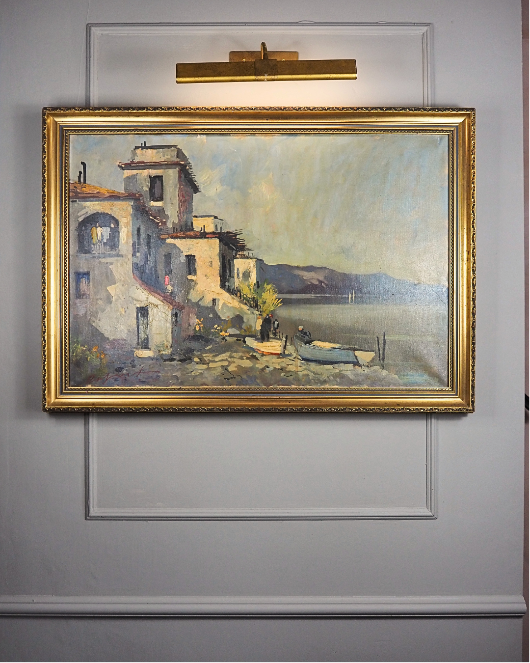 Vintage Mediterranean Coastal Oil Painting, Italian Seaside Village Art