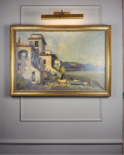 Vintage Mediterranean Coastal Oil Painting, Italian Seaside Village Art
