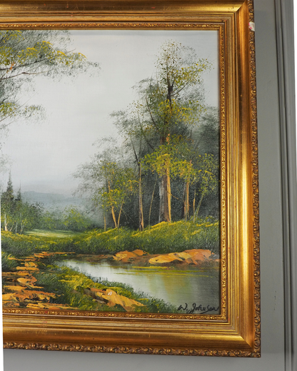 Vintage Mid-Century Oil Painting – Forest River Stream Landscape by W.Johnson
