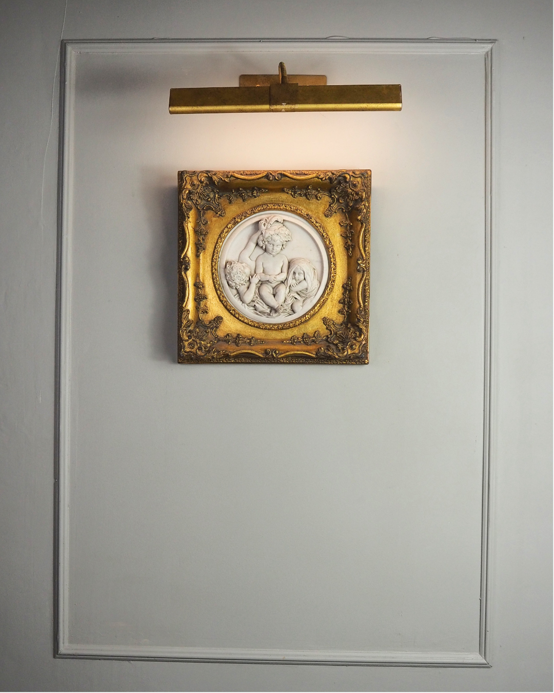 Cherubs in Marble– Antique Stone Relief In an Ornate Gilt Frame