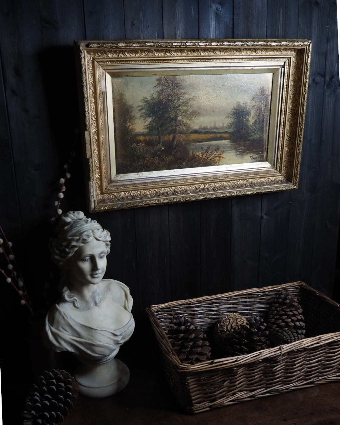 Antique Oil Painting River Landscape Signed R. Hully | Victorian Ornate Gold Gesso Frame