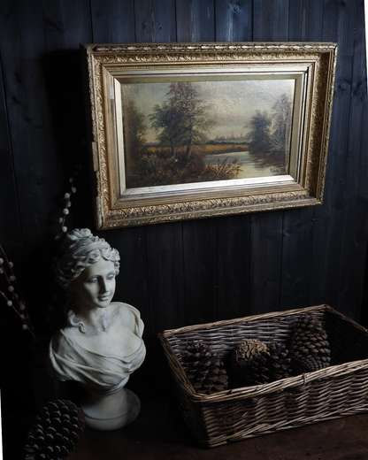 Antique Oil Painting River Landscape Signed R. Hully | Victorian Ornate Gold Gesso Frame