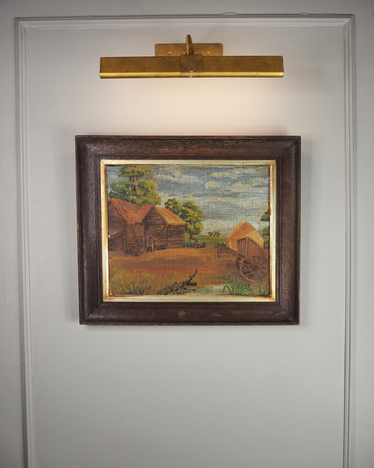Antique Rustic Farm Landscape Oil Painting (c.1926–1930) – Hay Cart & Pond Scene
