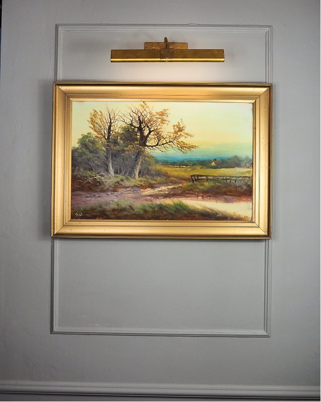 Antique Oil Painting – Signed G.J. (c. 1930–1940) in Simple Gold Gilt Frame