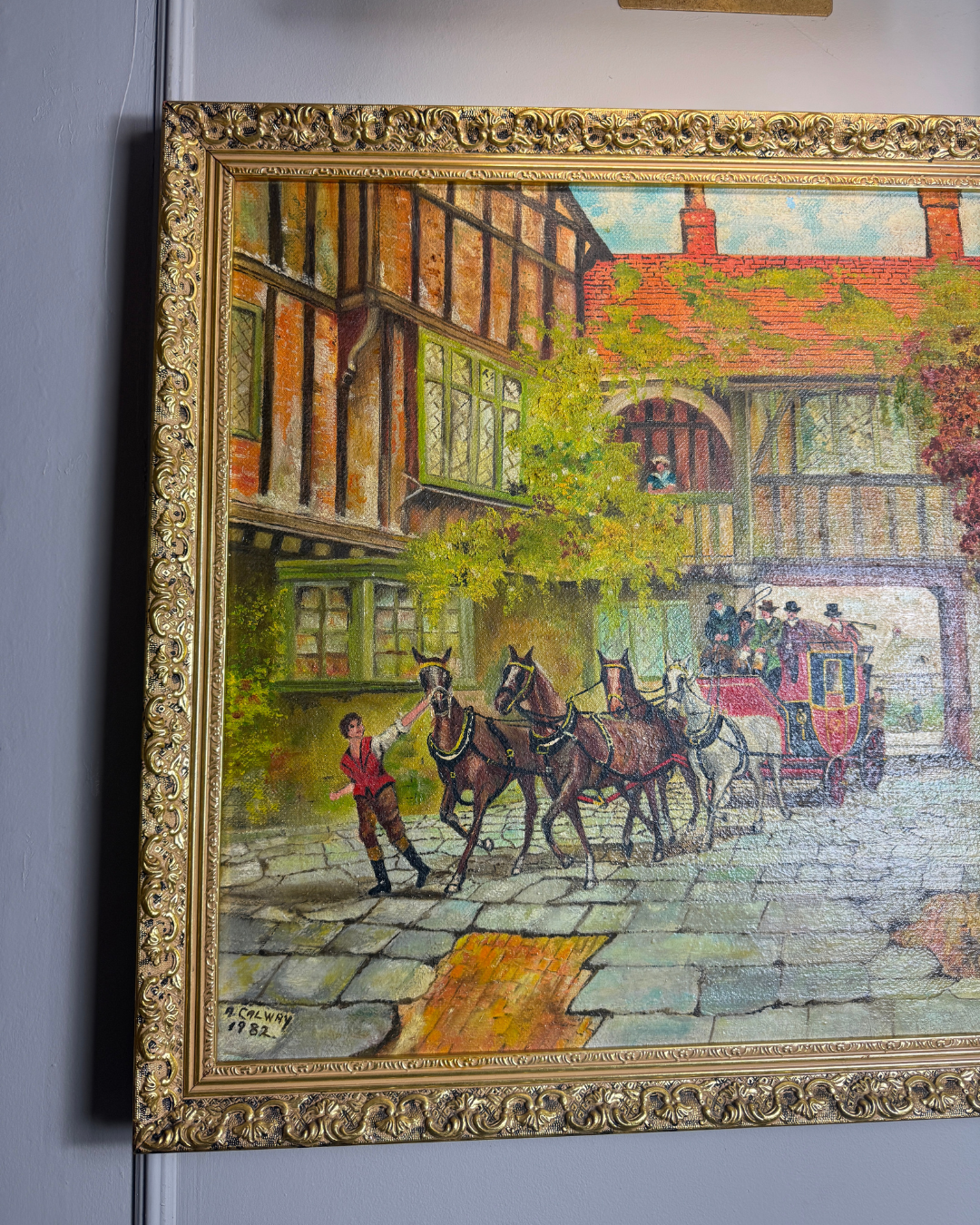 Original Vintage Oil Painting – English Coaching Inn Courtyard Scene by A. Calway '82