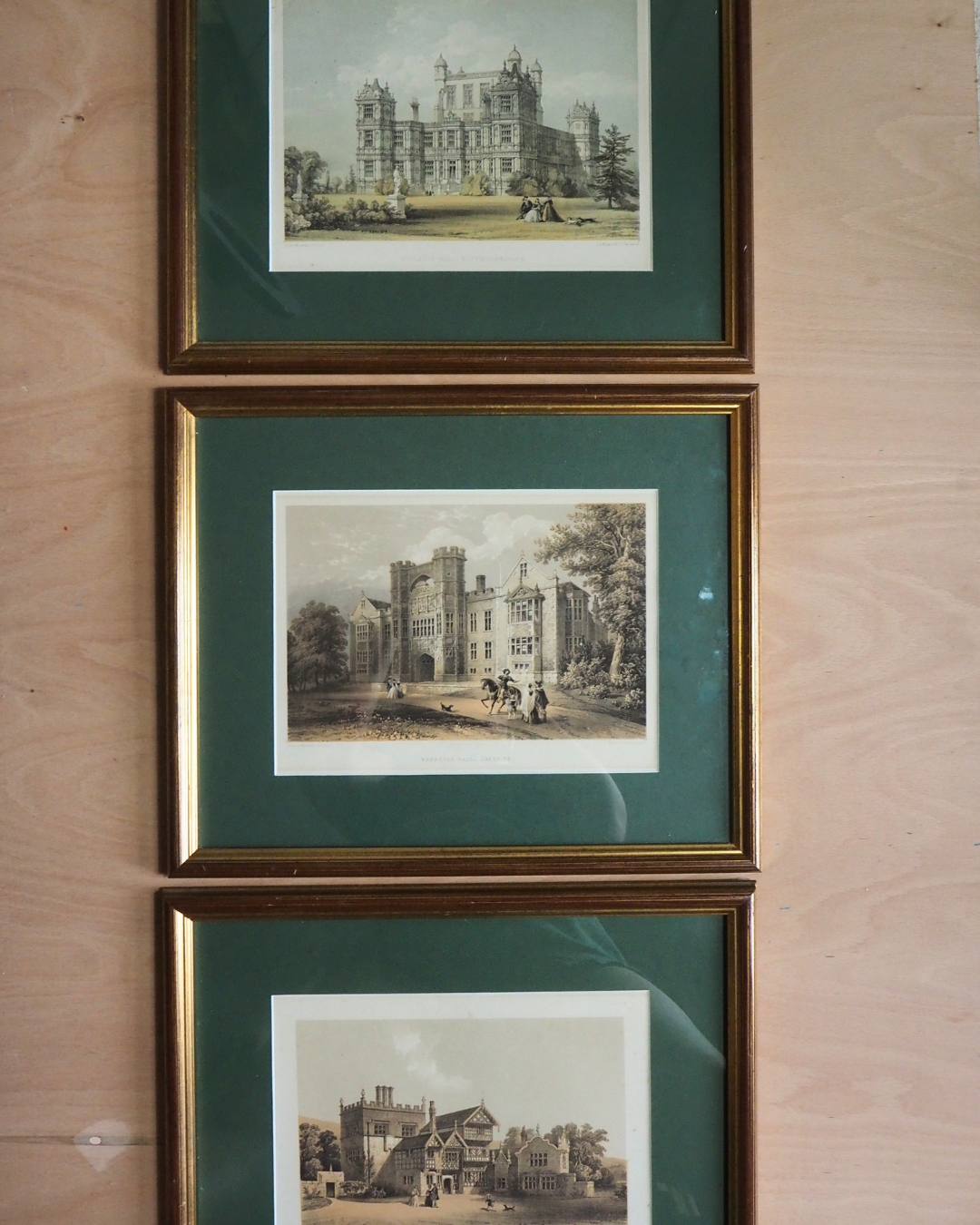 Antique Architectural Prints - Brereton Hall, Turton Tower & Wollaton Hall -English Country House Gallery Set