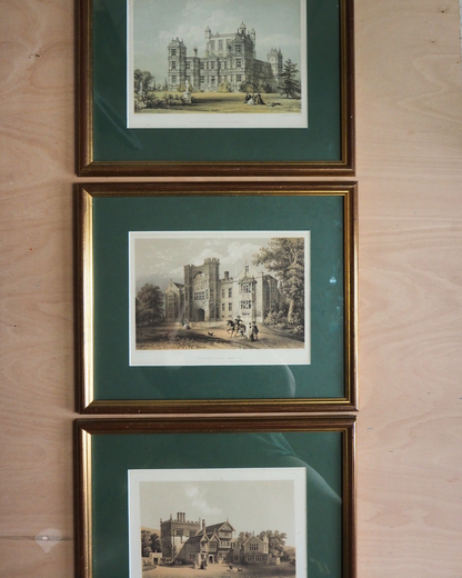 Antique Architectural Prints - Brereton Hall, Turton Tower & Wollaton Hall -English Country House Gallery Set