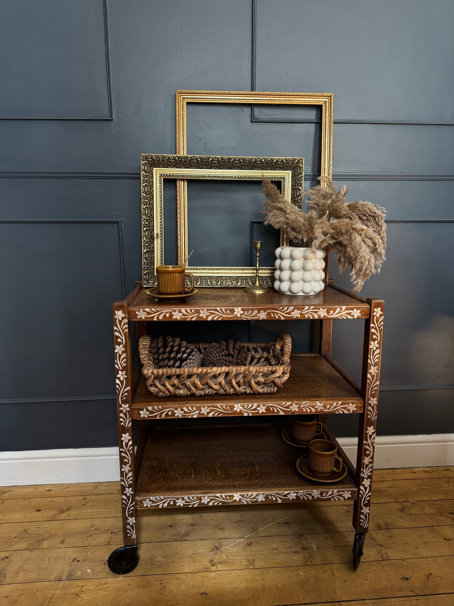 Upcycled Mid-Century Drinks Trolley | Hand-Painted Folk Art Bar Cart | Vintage Tea Cart with Wheels