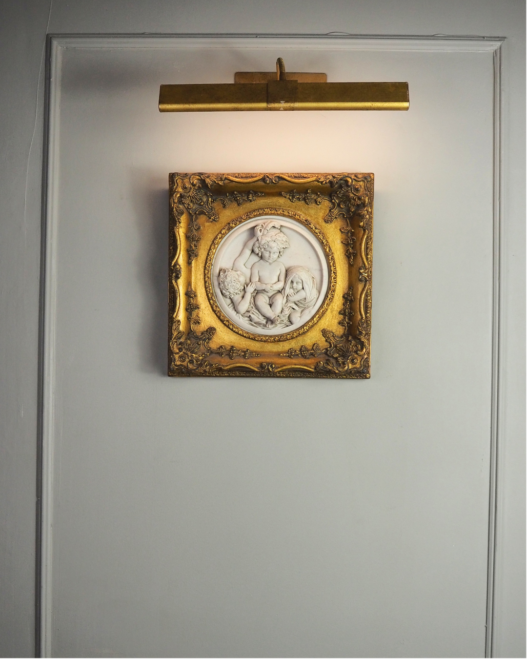 Cherubs in Marble– Antique Stone Relief In an Ornate Gilt Frame