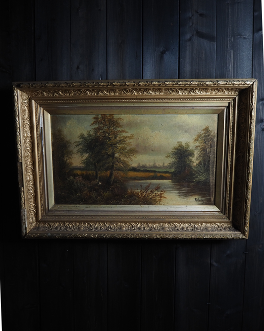 Antique Oil Painting River Landscape Signed R. Hully | Victorian Ornate Gold Gesso Frame