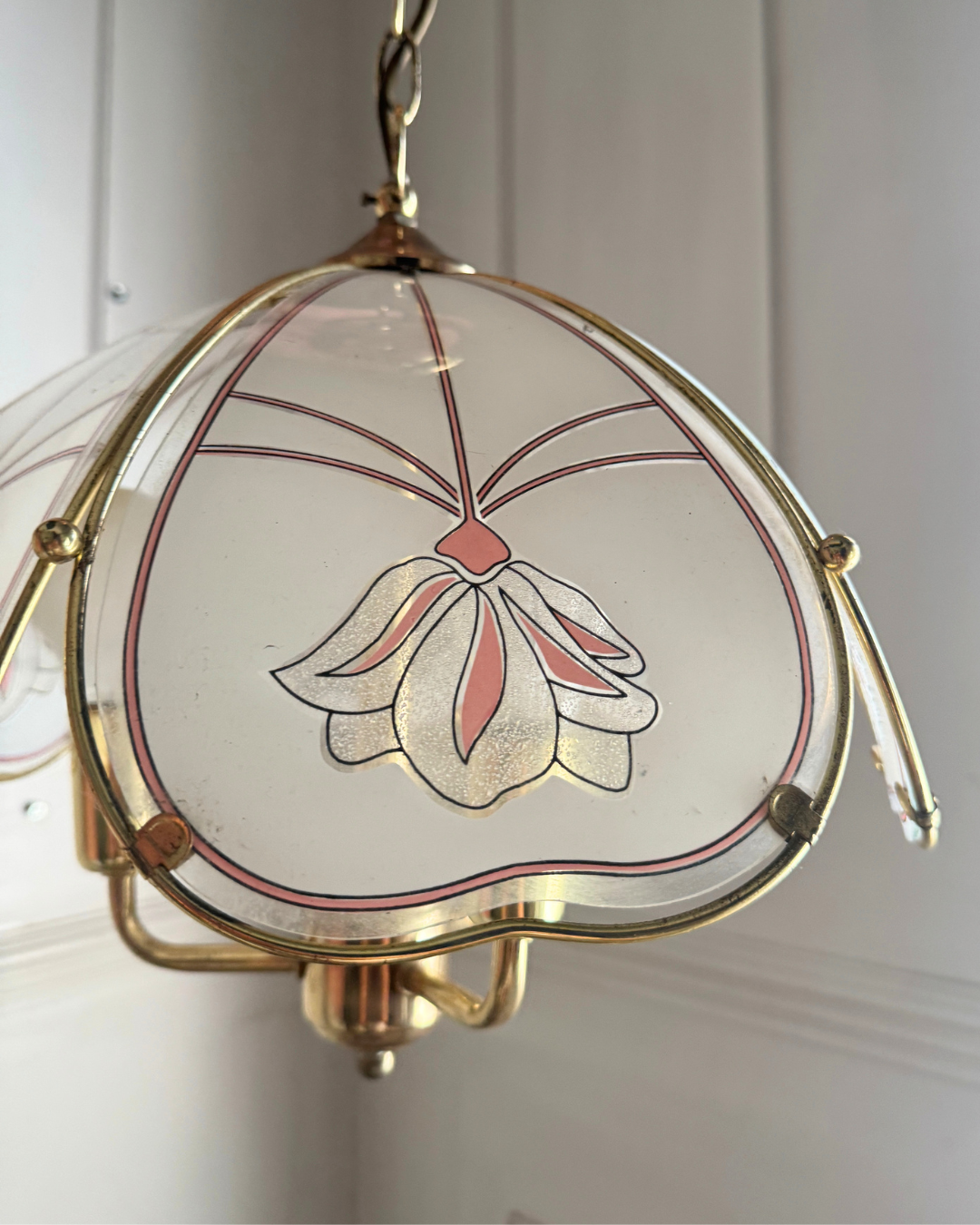 Vintage 1980s Retro  Art Nouveau 3 Light Tulip Floral Brass & Frosted Glass Pendant Light