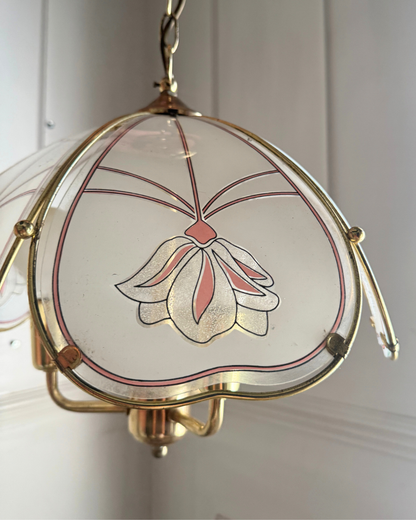 Vintage 1980s Retro  Art Nouveau 3 Light Tulip Floral Brass & Frosted Glass Pendant Light