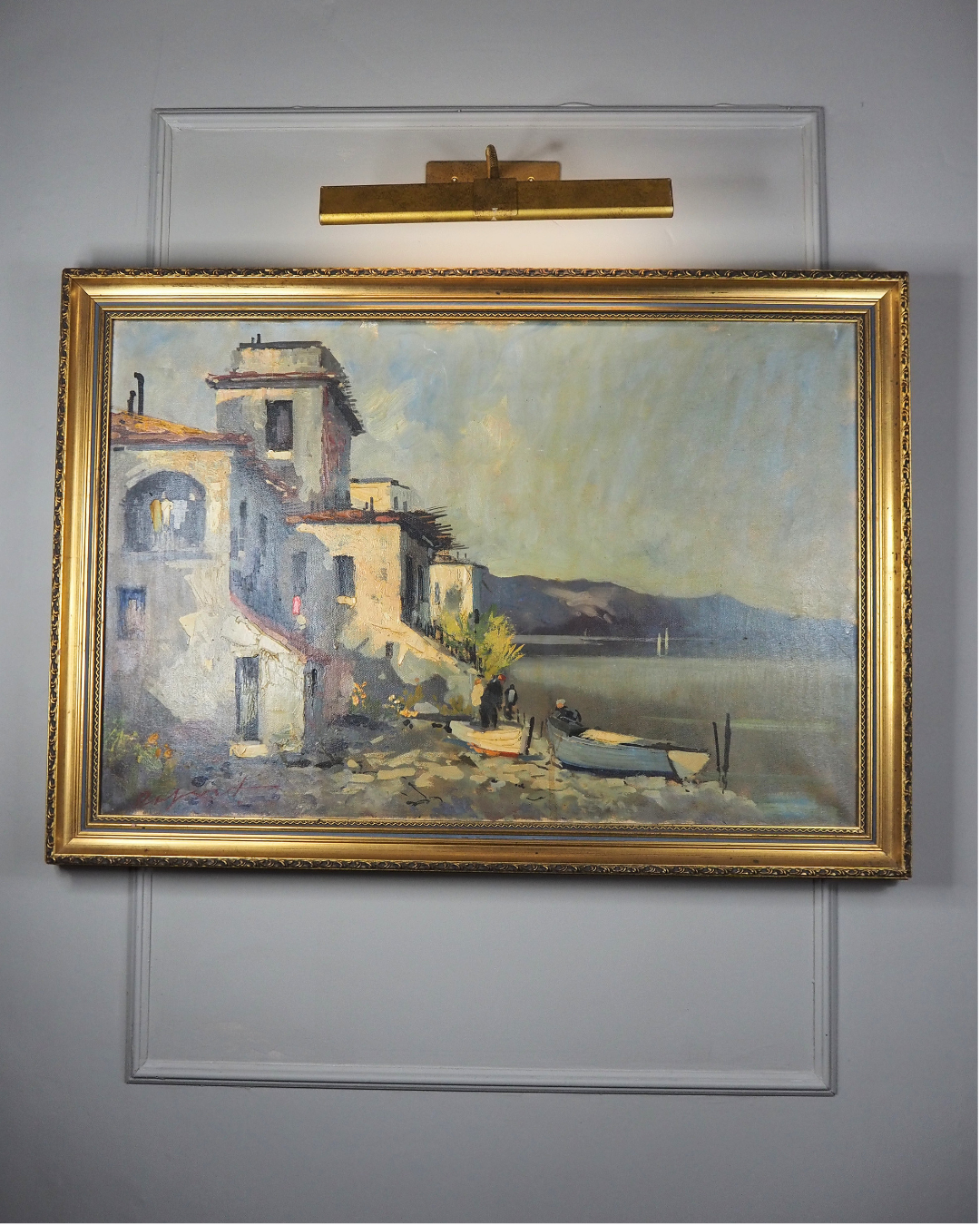 Vintage Mediterranean Coastal Oil Painting, Italian Seaside Village Art