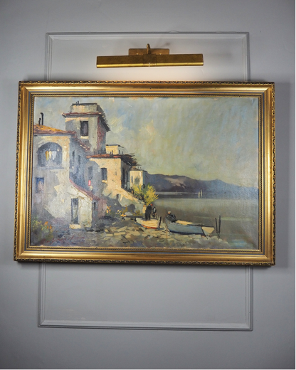 Vintage Mediterranean Coastal Oil Painting, Italian Seaside Village Art