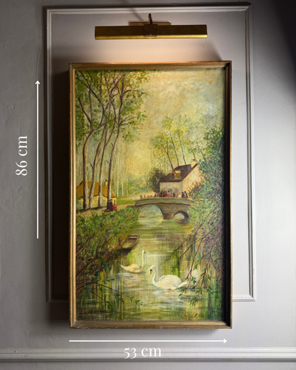 Swans by the Boathouse – Original Oil Painting by H. Hutchings, 1970