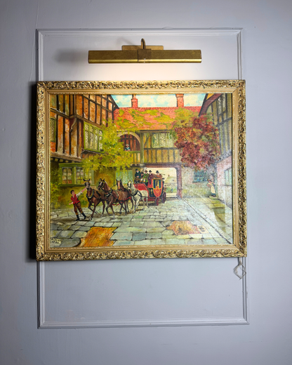 Original Vintage Oil Painting – English Coaching Inn Courtyard Scene by A. Calway '82